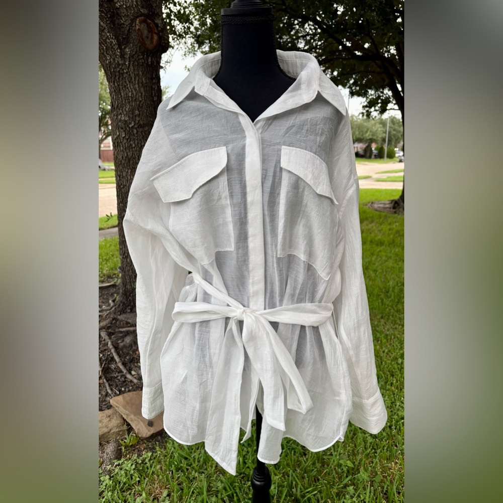 English Factory White Sheer Button-Up Shirt with Belt : 1X